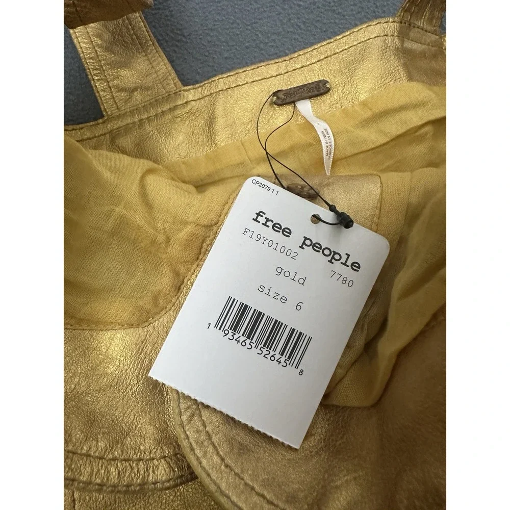 Free People Dress Womens Size 6 Goldie Mini Button Down A-Line Gold Leather $300